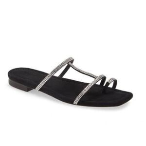 Lafayette 148 New York Sandals Size 7.5US Black Leather Rhinestone Slip‎ On Shoe